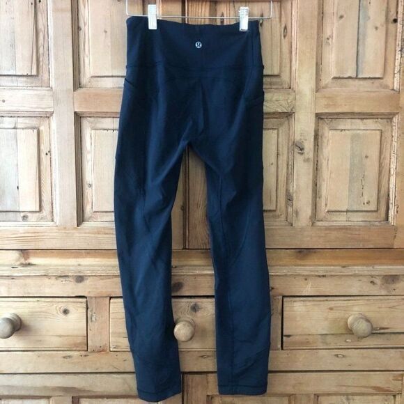 Lululemon Size 4 Jewel Tone Blue Leggings‎ Athletic Side Leg Pockets Gym FLAWED - Picture 7 of 9